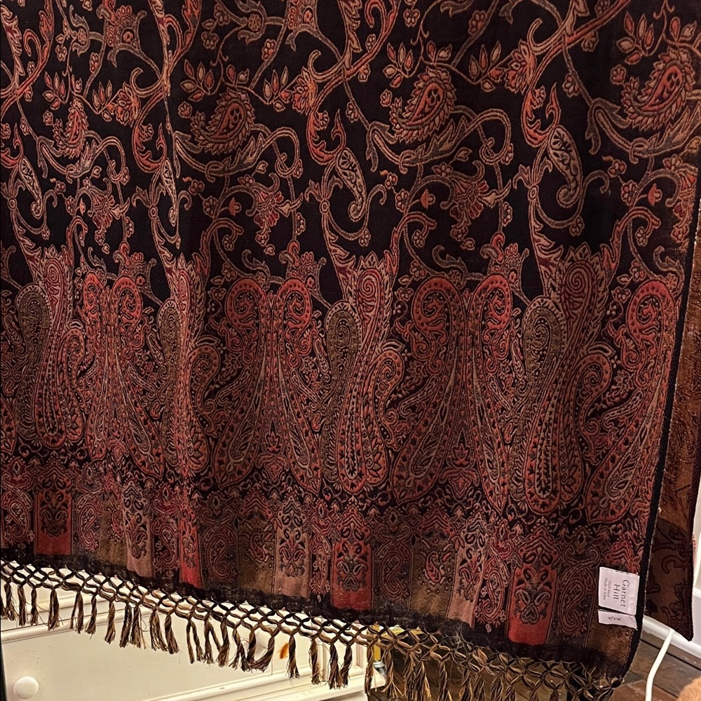 2 Garnet Hill Reversible Paisley Curtain Panels in Tan, Light Orange and Black
